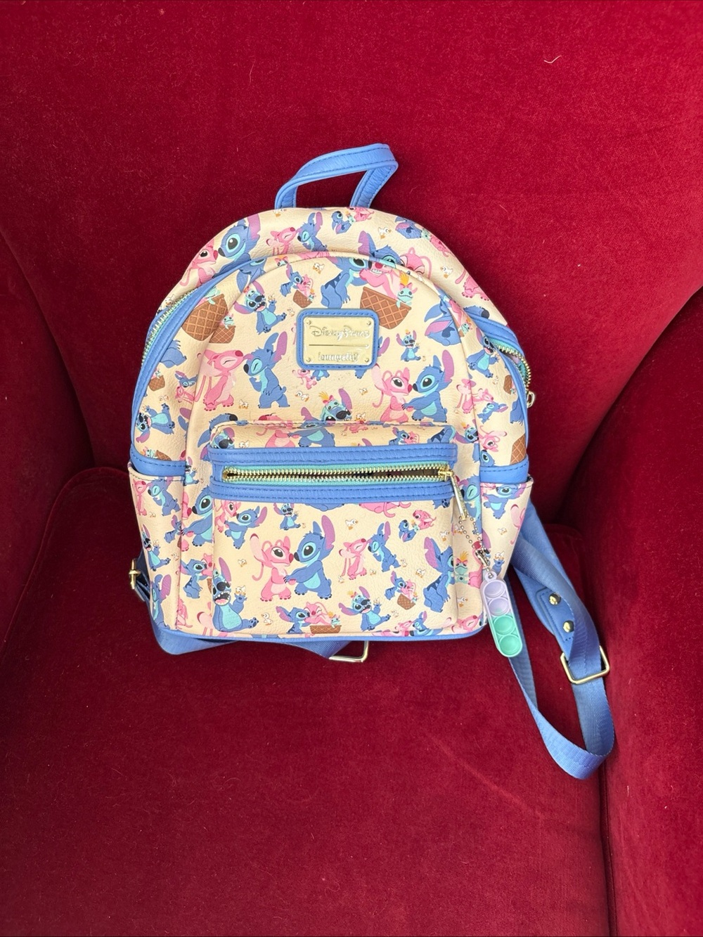 Loungefly Cream Mini Backpack with Blue & Pink Stitch & Angel Print